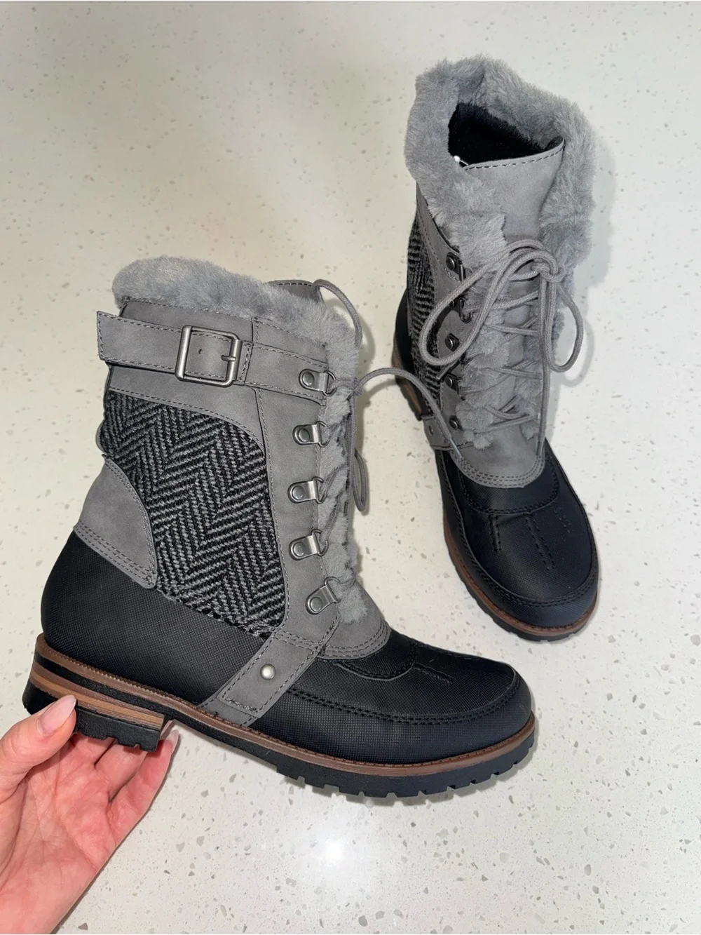 Rock & Candy Gray and Black Lace-Up Winter Boots with Faux Fur Trim